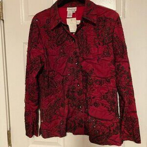 $79 Coldwater Creek Rose (Red/Burgundy) Vine Flocked Blouse LINED NWT Sz M